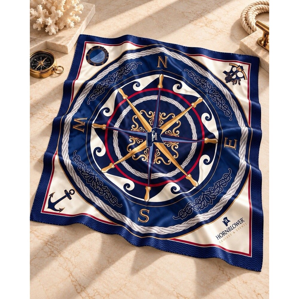 100% Silk Scarf 34” Nautical Compass Yacht Club Coastal Preppy Navy Quiet Luxury